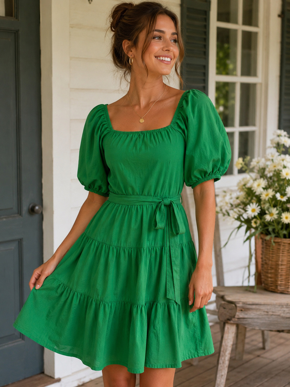 Sim & Sam Green Cottagecore Puff Sleeve Smocked Back Tiered Mini Dress M Cotton